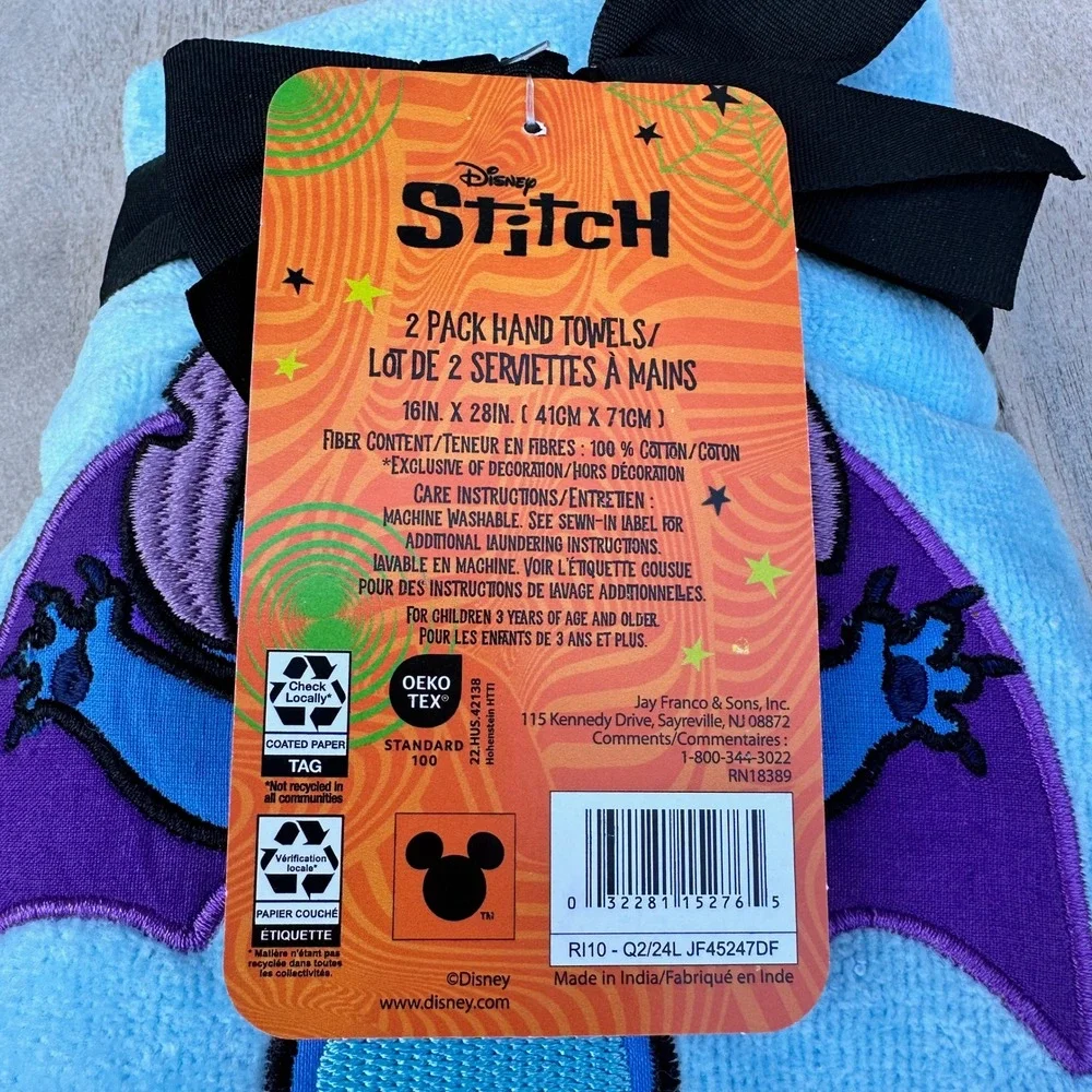 Disney Stitch Halloween Vampire Bat 2 Pack Hand Towels Blue Purple Cotton New